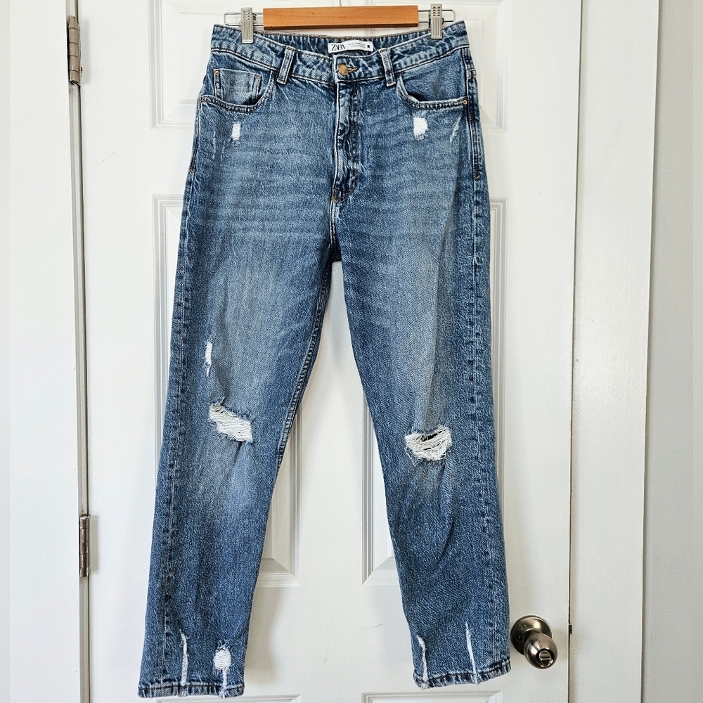 Zara High-Rise Distressed Casual Straight Skinny Mom Jeans Sz 10 - Picture 2 of 7
